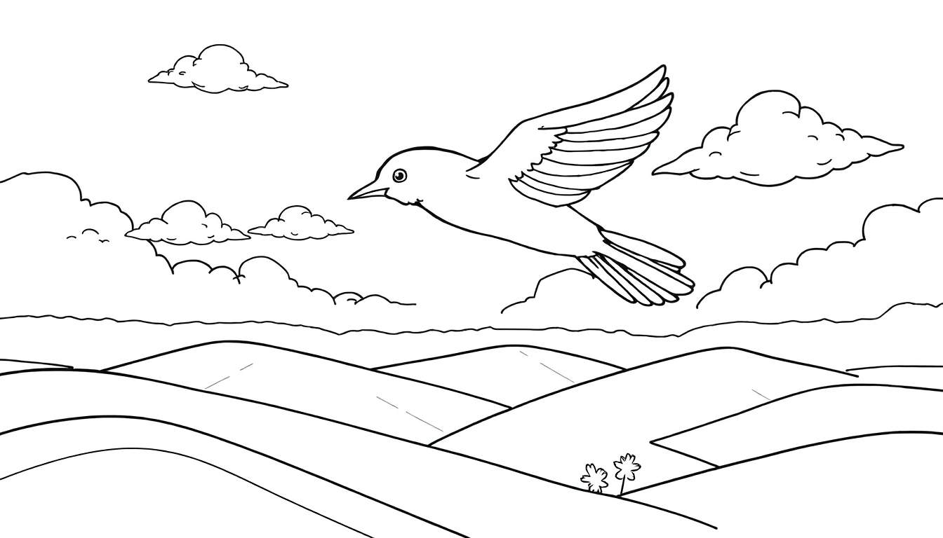 Um desenho em preto e branco de um pássaro voando sobre colinas ondulantes com nuvens, com flores no canto inferior direito. Este é um ótimo color panel para crianças.