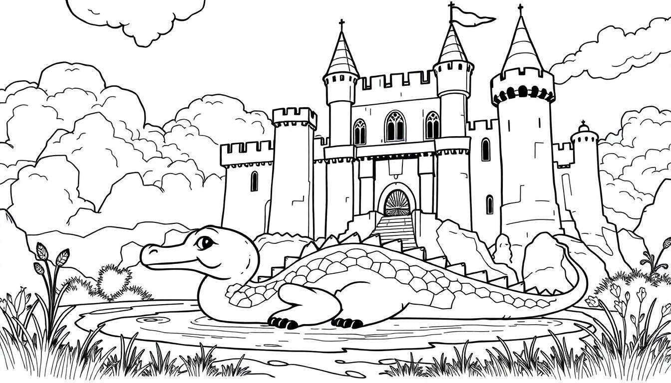 Um monstro do Lago Ness amigável sorri na água em preto e branco, com um castelo majestoso ao fundo, cercado por nuvens e vegetação.