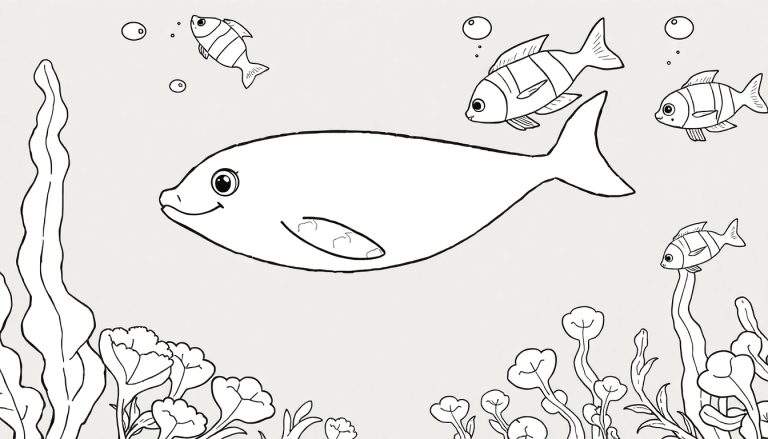Peixe sorridente no centro, com peixinhos listrados acima e plantas marinhas abaixo, em estilo de livro de colorir. O color panel está pronto para ser preenchido.