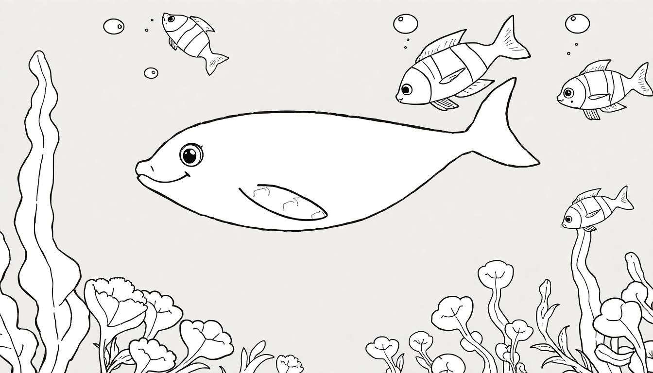 Peixe sorridente no centro, com peixinhos listrados acima e plantas marinhas abaixo, em estilo de livro de colorir. O color panel está pronto para ser preenchido.