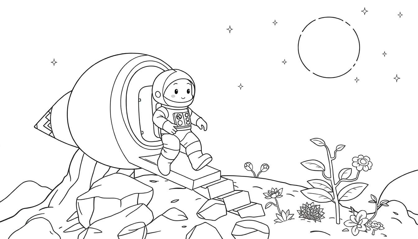 Desenho em preto e branco de um astronauta fofo saindo de uma nave espacial redonda em um planeta rochoso com plantas e estrelas no céu. Este é um color panel.