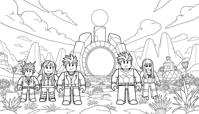 Personagens de Roblox em frente a um portal, com um painel colorido ao fundo.