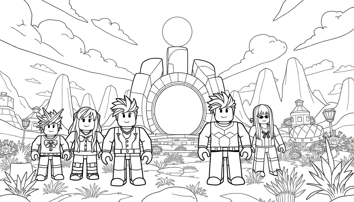Personagens de Roblox em frente a um portal, com um painel colorido ao fundo.