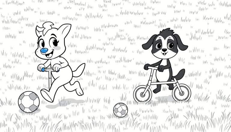 Um lobo branco em uma scooter e um cachorro preto e branco em uma bicicleta, ambos sorrindo e com bolas de futebol ao lado, em um campo de grama com um color panel vibrante.