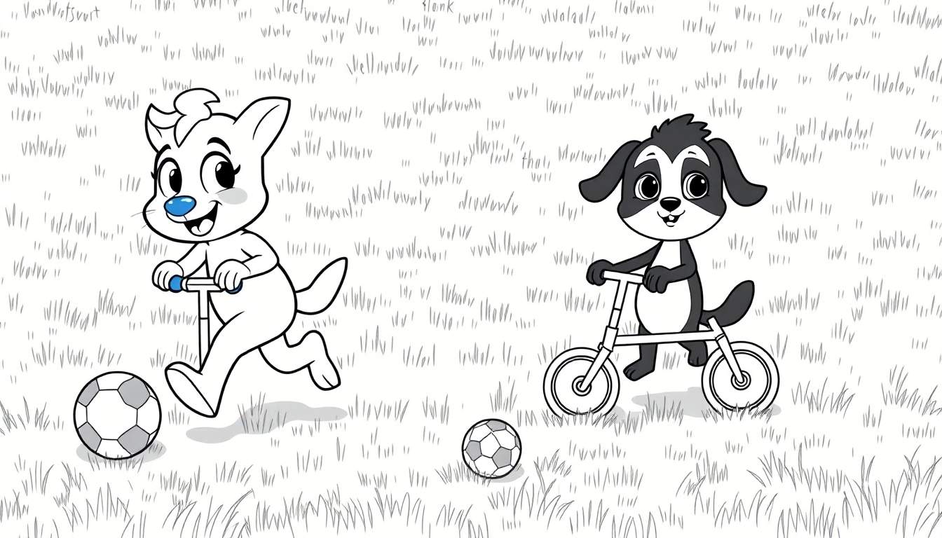 Um lobo branco em uma scooter e um cachorro preto e branco em uma bicicleta, ambos sorrindo e com bolas de futebol ao lado, em um campo de grama com um color panel vibrante.