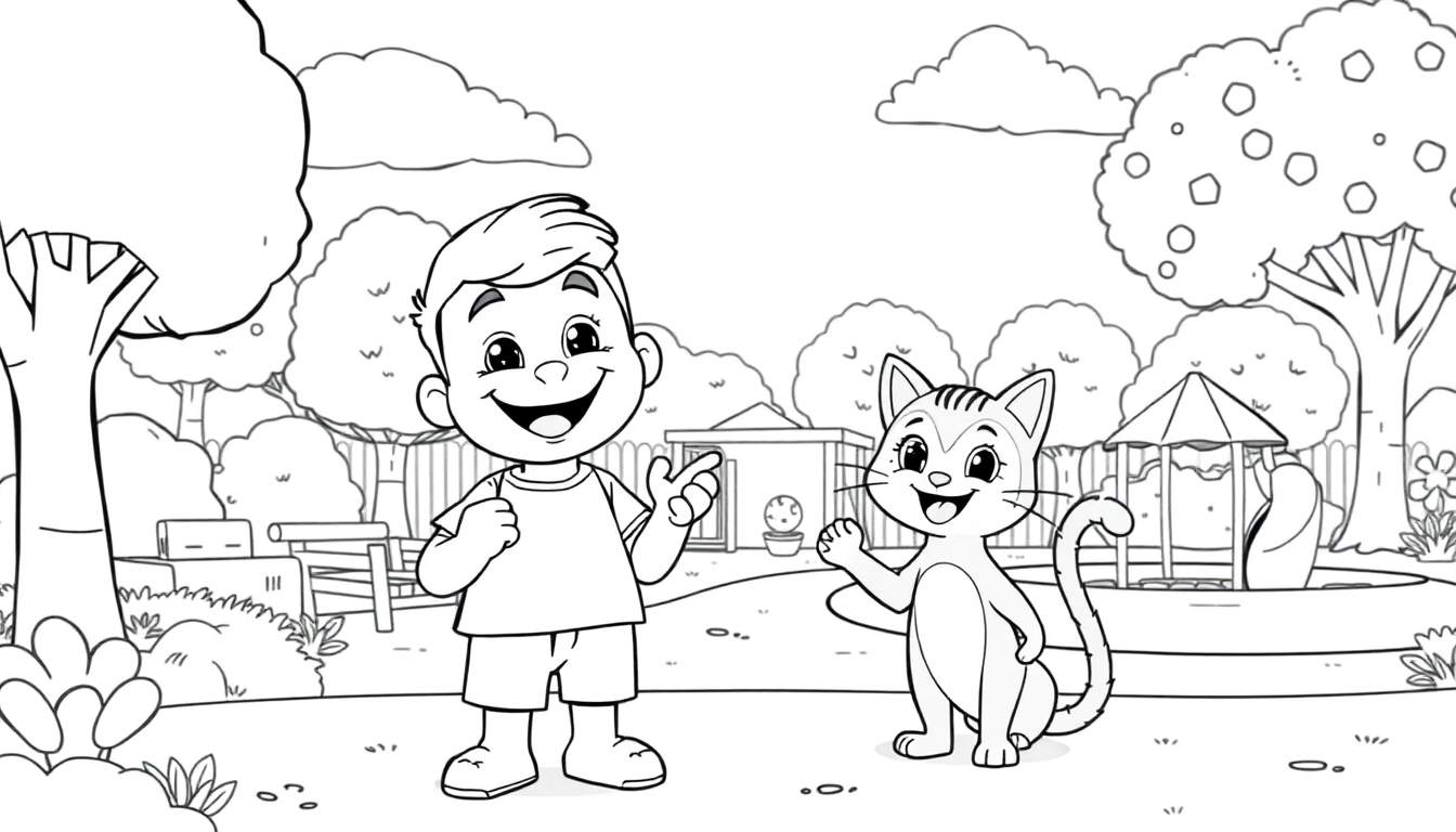 Ilustração em preto e branco de um menino e um gato sorrindo num quintal com elementos de Toca Boca.