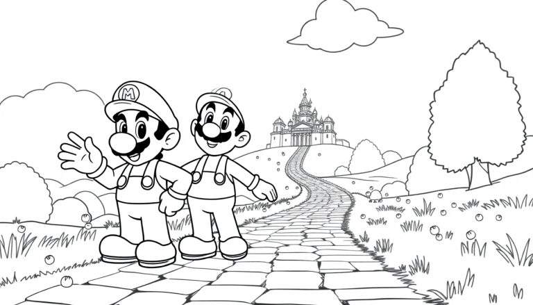 Mario e Luigi caminhando na estrada de tijolos, um color panel para colorir.