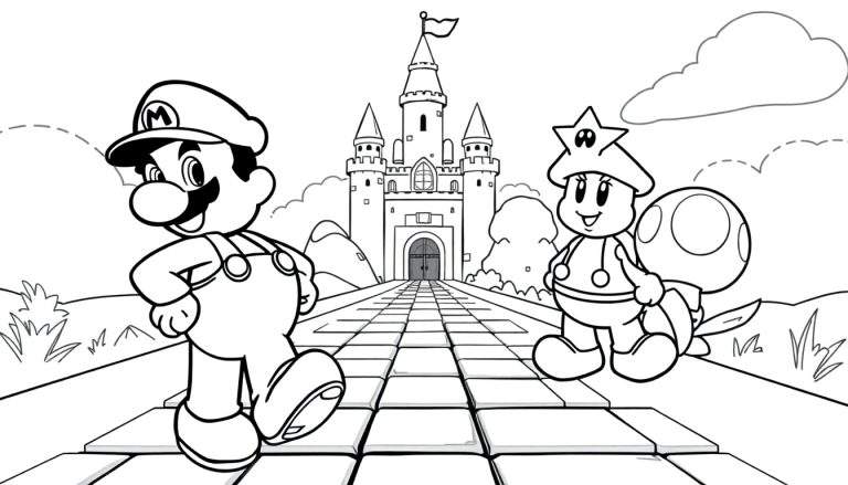 Mario e um personagem semelhante a um Toad com um chapéu de estrela em frente a um castelo.