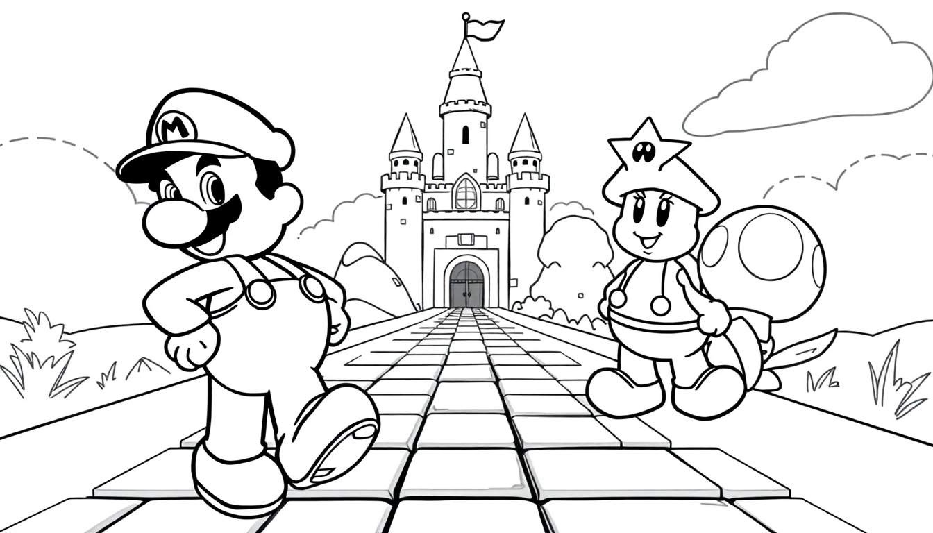 Mario e um personagem semelhante a um Toad com um chapéu de estrela em frente a um castelo.