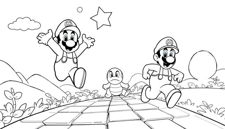 Desenho de Mario e Luigi no Reino Cogumelo, com um Koopa Troopa, nuvens, estrelas e colinas. O primeiro Mario pula com os braços abertos e o segundo corre, com o Koopa Troopa andando no caminho de tijolos.