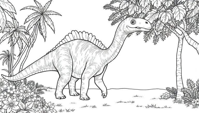 Um desenho em preto e branco de um dinossauro herbívoro, como um Diplodoco, em um ambiente pré-histórico com palmeiras e árvores frondosas, pronto para colorir.