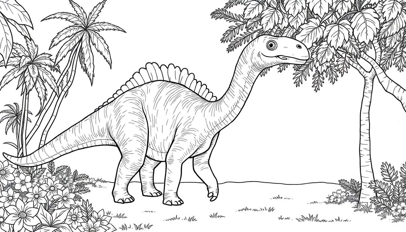 Um desenho em preto e branco de um dinossauro herbívoro, como um Diplodoco, em um ambiente pré-histórico com palmeiras e árvores frondosas, pronto para colorir.