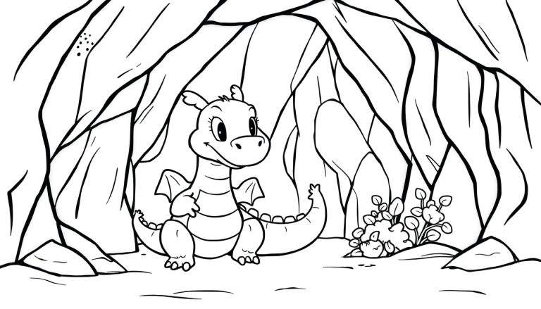 Um dragão de desenho animado amigável acenando de uma caverna, pronto para ser colorido em um color panel.
