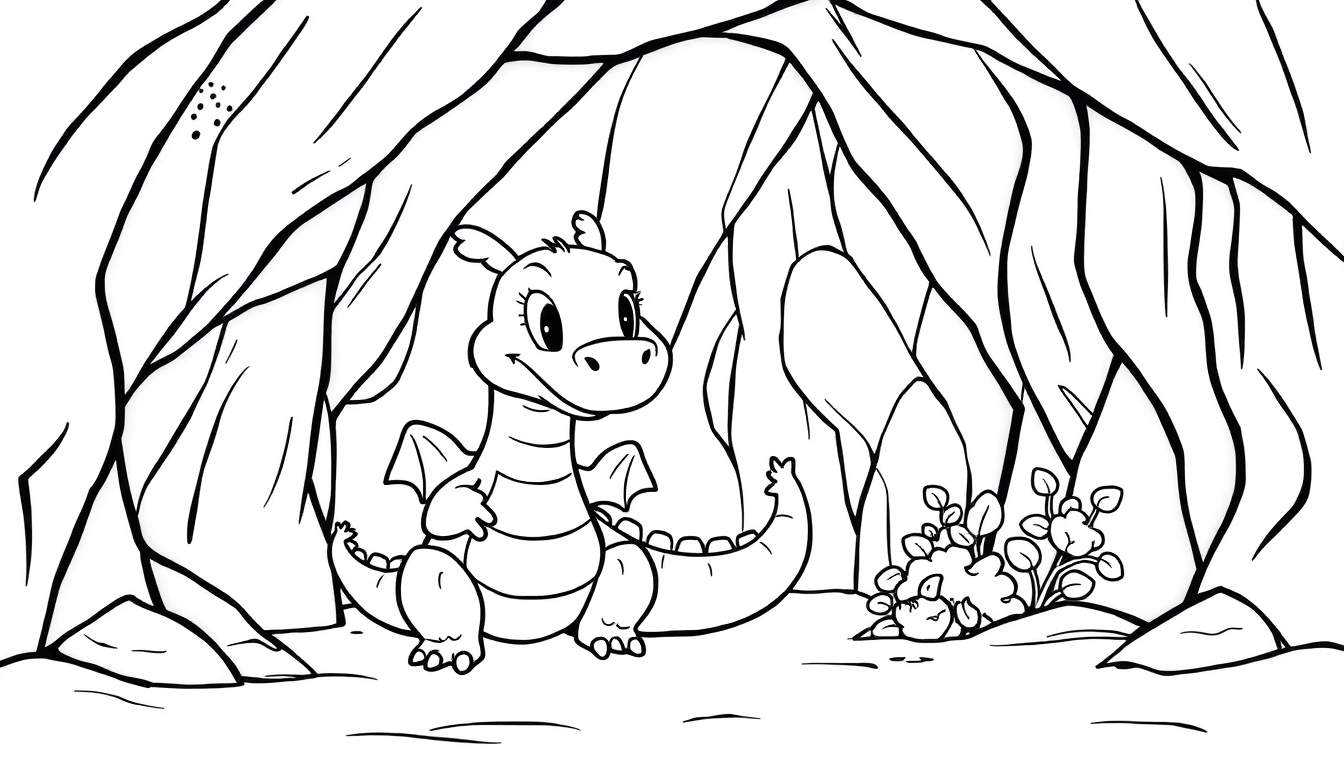 Um dragão de desenho animado amigável acenando de uma caverna, pronto para ser colorido em um color panel.