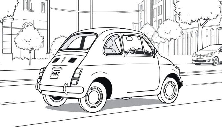 Desenho de um Fiat 500 preto e branco em uma rua da cidade, com seu emblema visível e linhas arredondadas, com outros edifícios e uma árvore ao fundo.