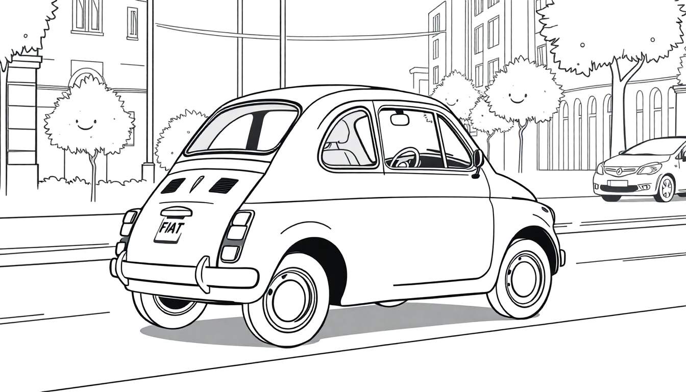 Desenho de um Fiat 500 preto e branco em uma rua da cidade, com seu emblema visível e linhas arredondadas, com outros edifícios e uma árvore ao fundo.