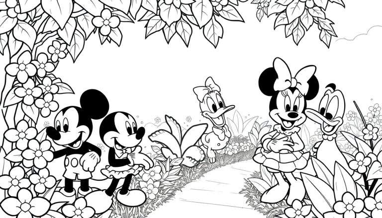 Mickey e Minnie Mouse, Pato Donald e Margarida em um jardim cheio de flores e folhagens, em um desenho para colorir. Um color panel divertido para toda a família.