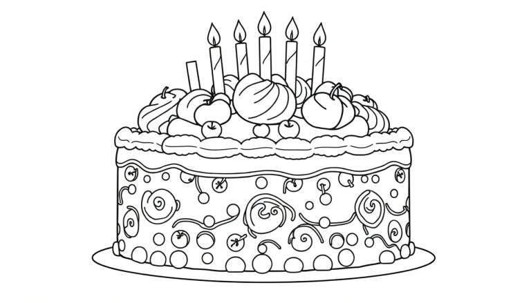 Desenho de um bolo de aniversário em preto e branco com um color panel vibrante esperando para ser adicionado.