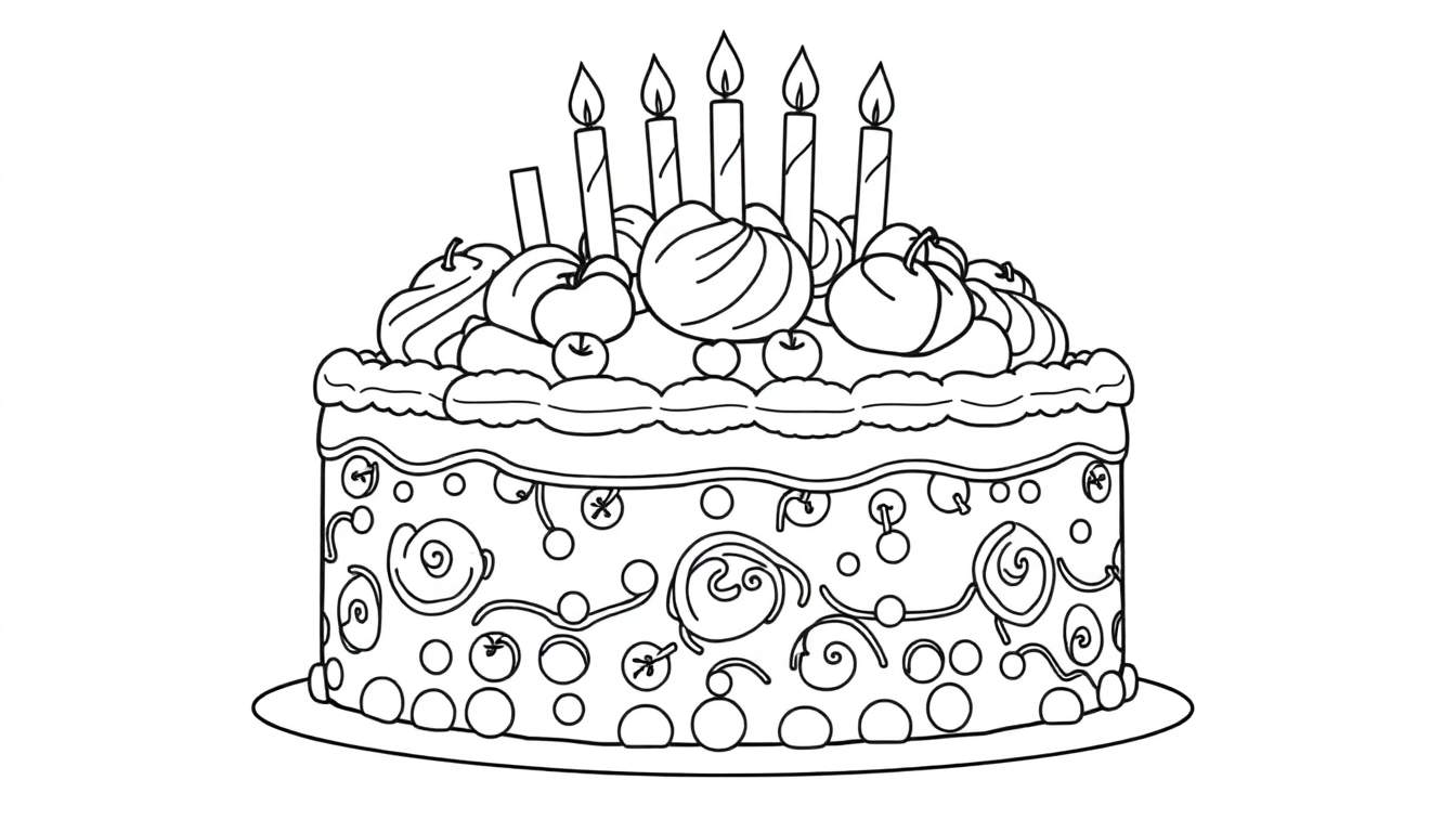 Desenho de um bolo de aniversário em preto e branco com um color panel vibrante esperando para ser adicionado.
