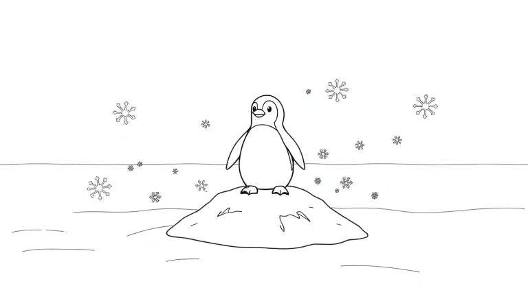 Pinguim sorridente em um monte de neve com flocos de neve, pronto para colorir.
