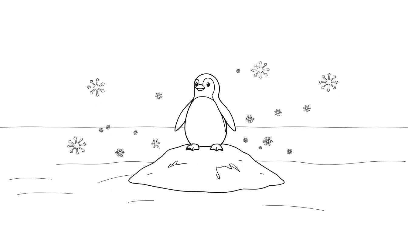Pinguim sorridente em um monte de neve com flocos de neve, pronto para colorir.