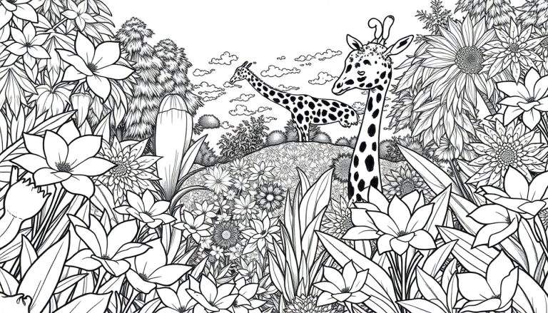 Um desenho a preto e branco de um jardim cheio de flores e duas girafas, pronto para colorir. Este color panel está repleto de detalhes.