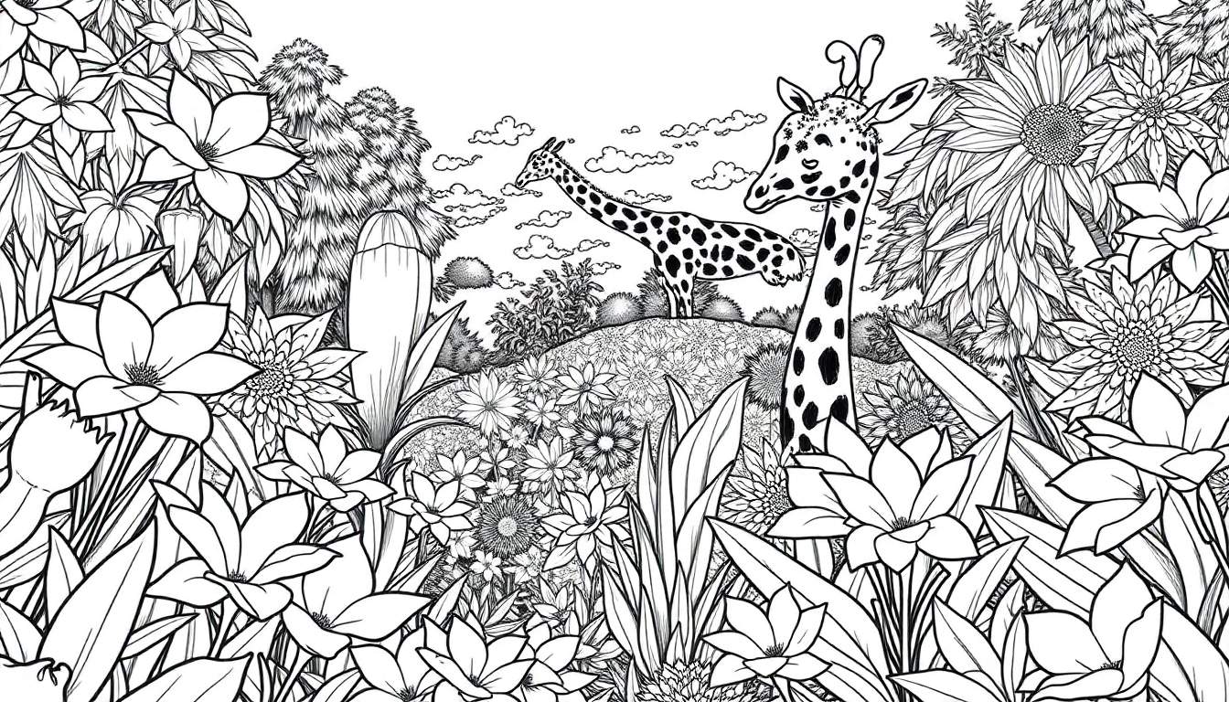 Um desenho a preto e branco de um jardim cheio de flores e duas girafas, pronto para colorir. Este color panel está repleto de detalhes.