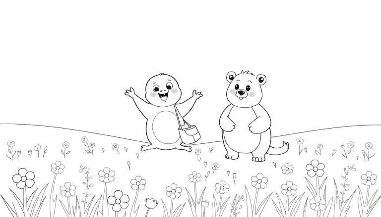 Um desenho em preto e branco de dois personagens parecidos com marmotas, um saltando e o outro parado, num campo de flores.