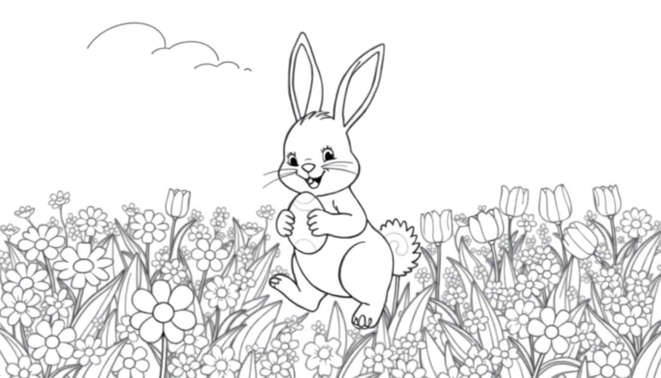 Um coelhinho da Páscoa sorridente, em pé sobre as patas traseiras e segurando um ovo, num campo de flores com nuvens no céu. O desenho a preto e branco.