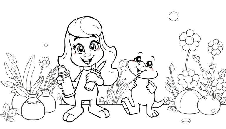 Menina e sapo de desenho animado sorrindo em um jardim com flores e vasos, com bolhas flutuando no ar. Este é um color panel.