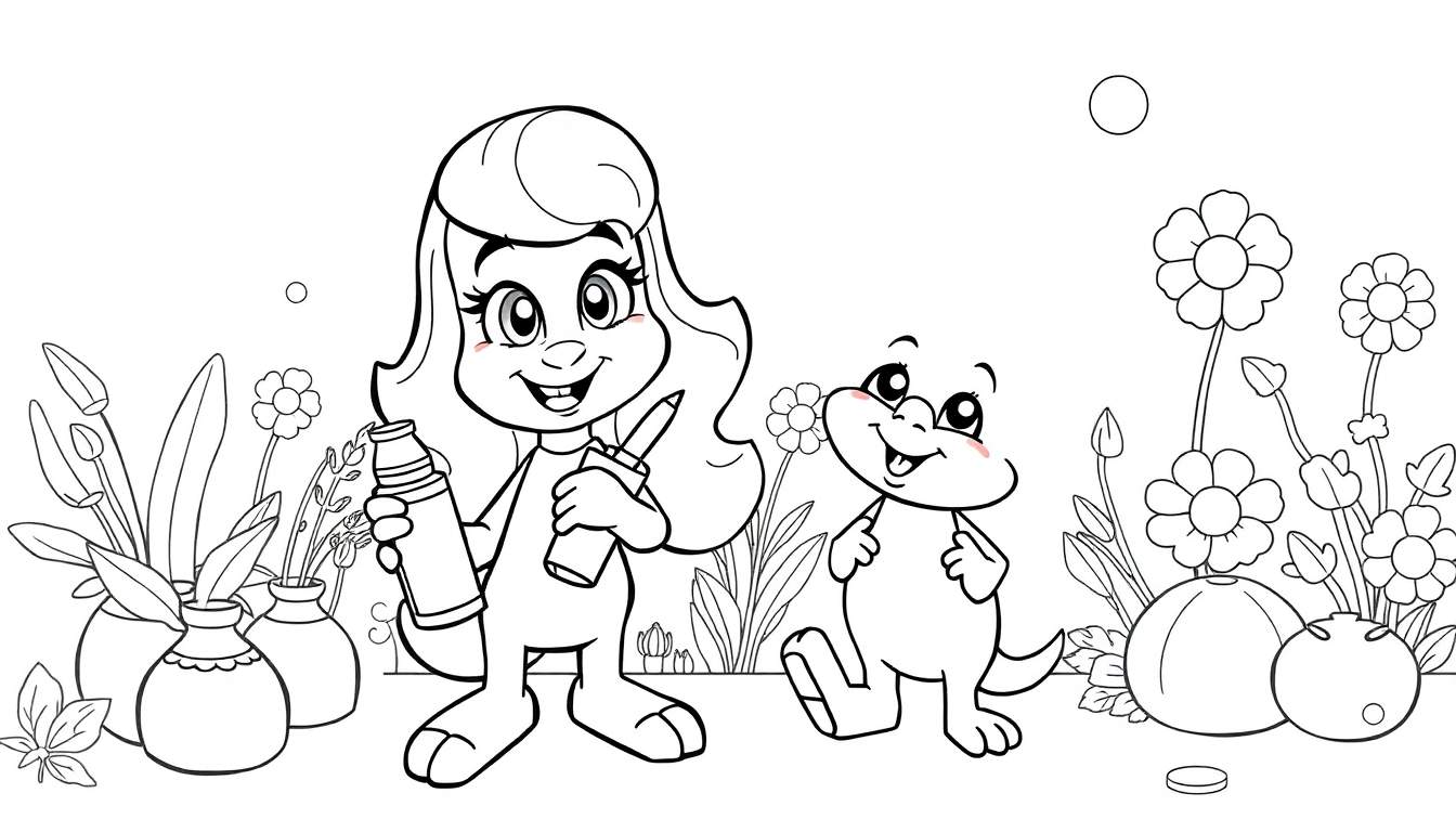 Menina e sapo de desenho animado sorrindo em um jardim com flores e vasos, com bolhas flutuando no ar. Este é um color panel.