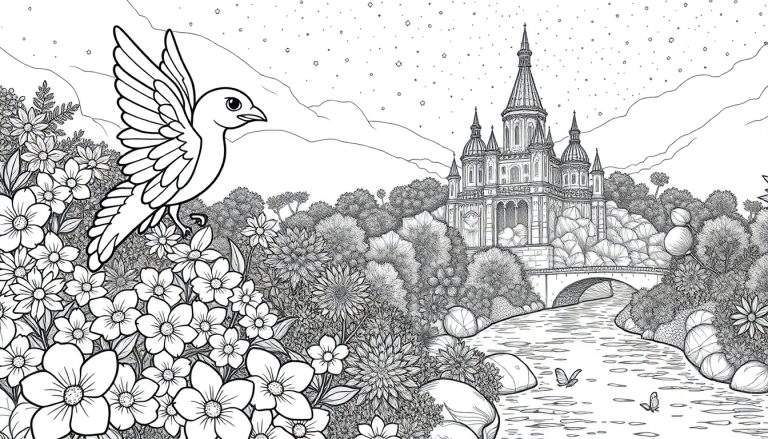 Ilustração em preto e branco de página para colorir com flores, pássaro, rio, ponte e castelo.