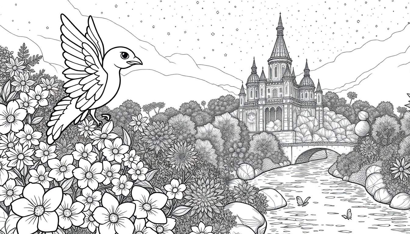 Ilustração em preto e branco de página para colorir com flores, pássaro, rio, ponte e castelo.