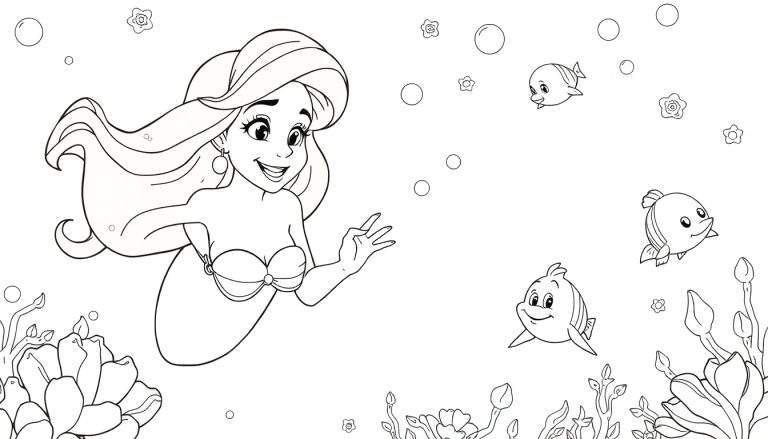 Um desenho a contorno de uma sereia sorrindo com cabelo esvoaçante e um top de concha, rodeada por peixes, flores e bolhas. Um color panel com um toque de livro de colorir.
