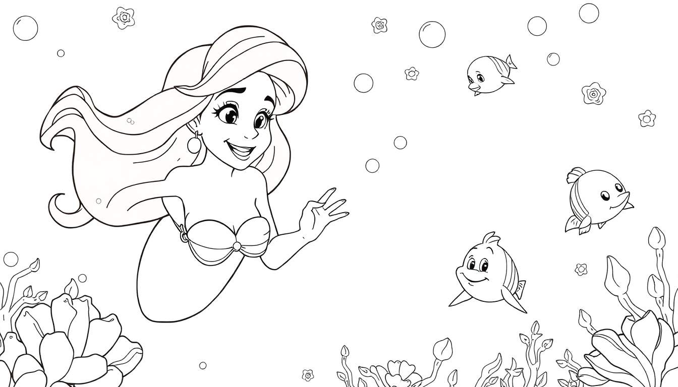 Um desenho a contorno de uma sereia sorrindo com cabelo esvoaçante e um top de concha, rodeada por peixes, flores e bolhas. Um color panel com um toque de livro de colorir.