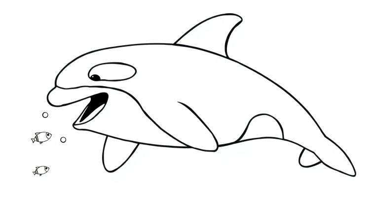 Desenho linear de uma orca animada feliz, com a boca aberta, olhando para dois peixes, com bolhas flutuando. Parte de um color panel.