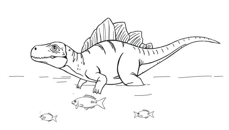 Um desenho animado preto e branco de um dinossauro Espinossauro com uma vela nas costas nadando em águas rasas com peixes.