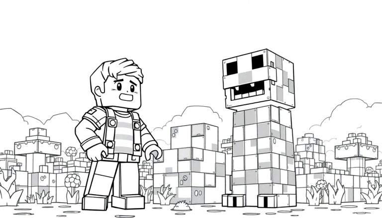 Steve em pânico e um Creeper em um mundo de blocos, pronto para colorir.