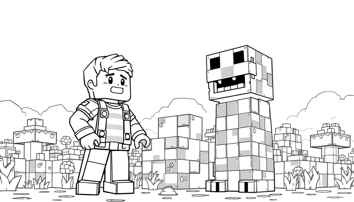 Steve em pânico e um Creeper em um mundo de blocos, pronto para colorir.