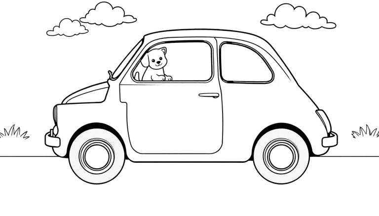 Um cãozinho feliz olha pela janela de um carro Fiat 500 vintage, com um céu azul e nuvens fofas ao fundo. A imagem é um desenho em preto e branco de um color panel.