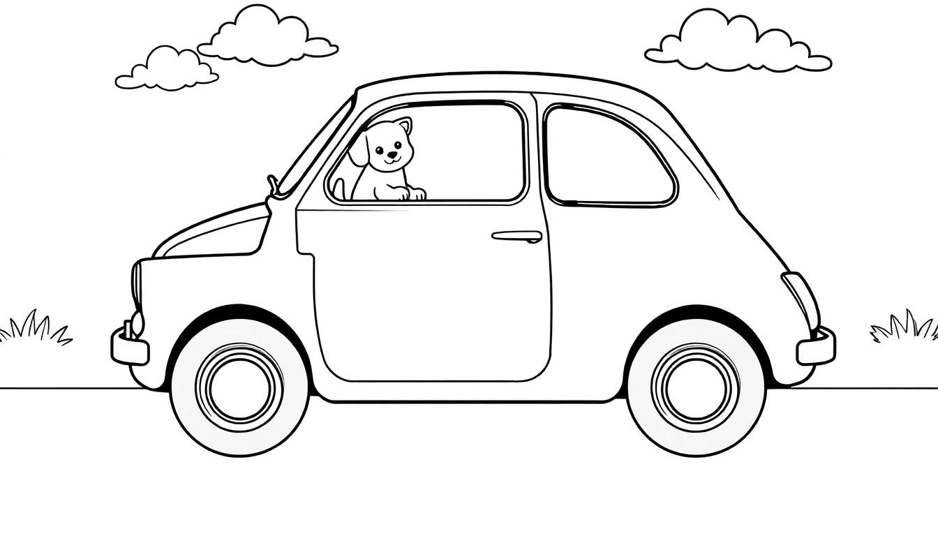 Um cãozinho feliz olha pela janela de um carro Fiat 500 vintage, com um céu azul e nuvens fofas ao fundo. A imagem é um desenho em preto e branco de um color panel.