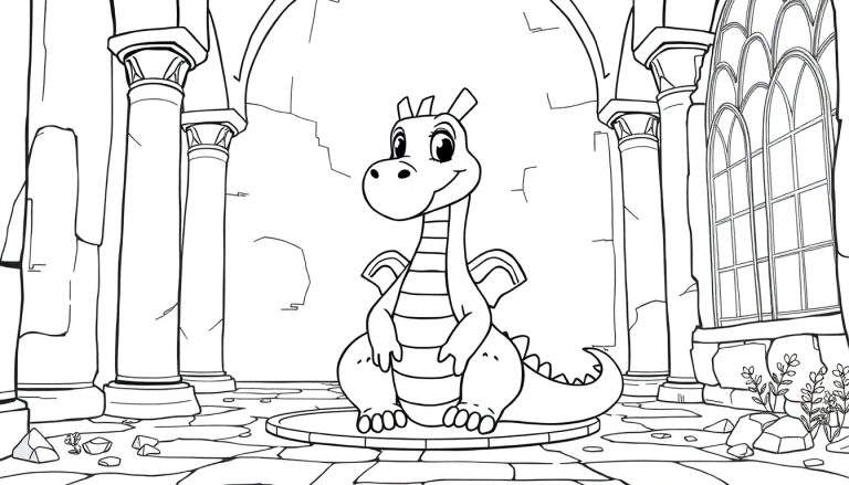 Um dragão amigável em um castelo em ruínas, pronto para ser pintado em um color panel.