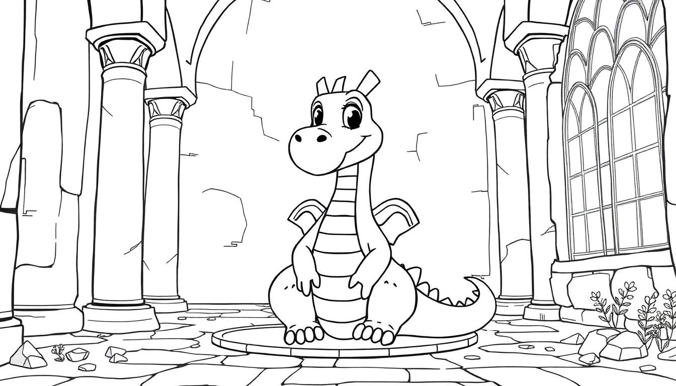 Um dragão amigável em um castelo em ruínas, pronto para ser pintado em um color panel.