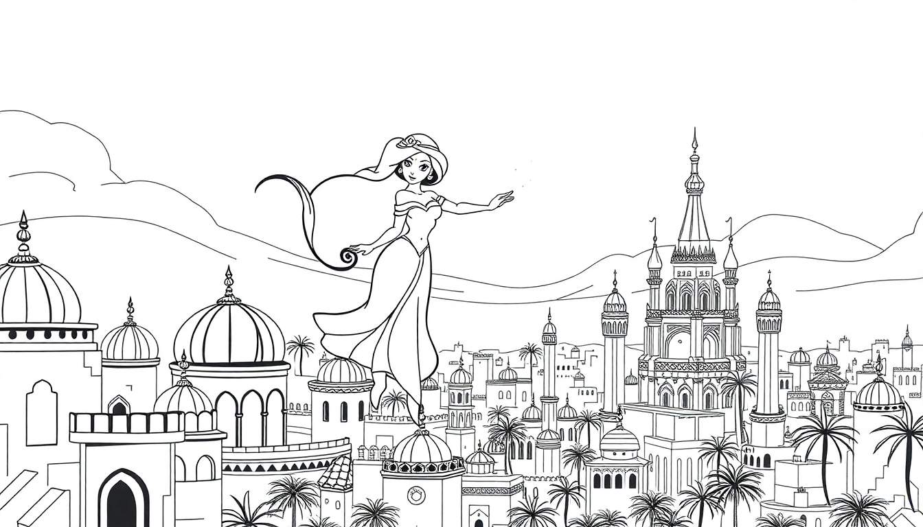 Desenho em preto e branco da Princesa Jasmine voando sobre uma cidade do Oriente Médio com cúpulas e palmeiras, um color panel pronto para colorir.
