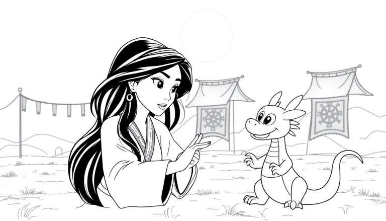 Um desenho em preto e branco de uma mulher com cabelos ondulados e vestes tradicionais, falando com um pequeno dragão sorridente. Ao fundo, tendas com rodas, bandeiras e uma montanha. Este é um color panel.