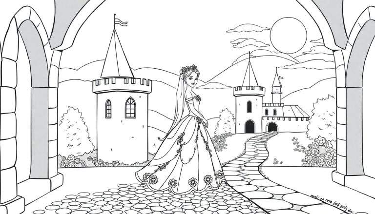Uma princesa em um vestido de baile sentada em um caminho de pedra em direção a um castelo, pronta para ser colorida. A cena é vista através de um arco de pedra, com montanhas e sol ao fundo. Inclui a frase 'Color Panel' em um canto.