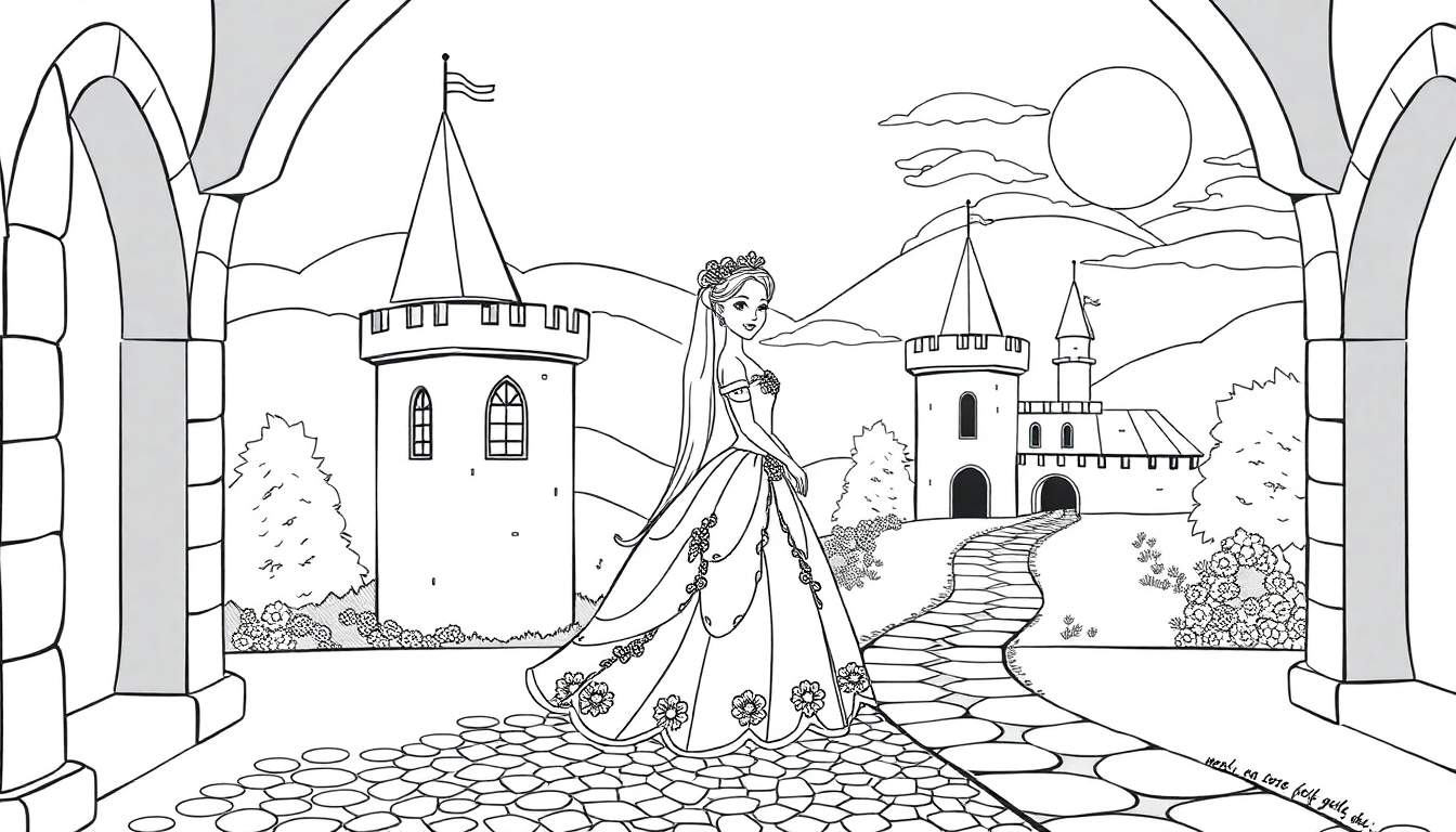 Uma princesa em um vestido de baile sentada em um caminho de pedra em direção a um castelo, pronta para ser colorida. A cena é vista através de um arco de pedra, com montanhas e sol ao fundo. Inclui a frase 'Color Panel' em um canto.