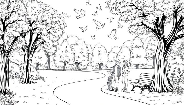 Uma família passeia por um parque com árvores e pássaros voando, com um color panel de folhas caídas.