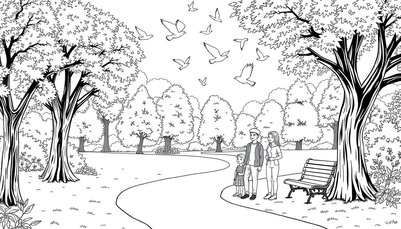 Uma família passeia por um parque com árvores e pássaros voando, com um color panel de folhas caídas.