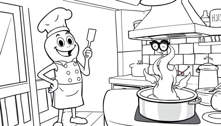 Desenho animado de um personagem em forma de ovo com chapéu de chef, segurando uma espátula, perto de uma panela fumegante com um rosto de chama sorridente.